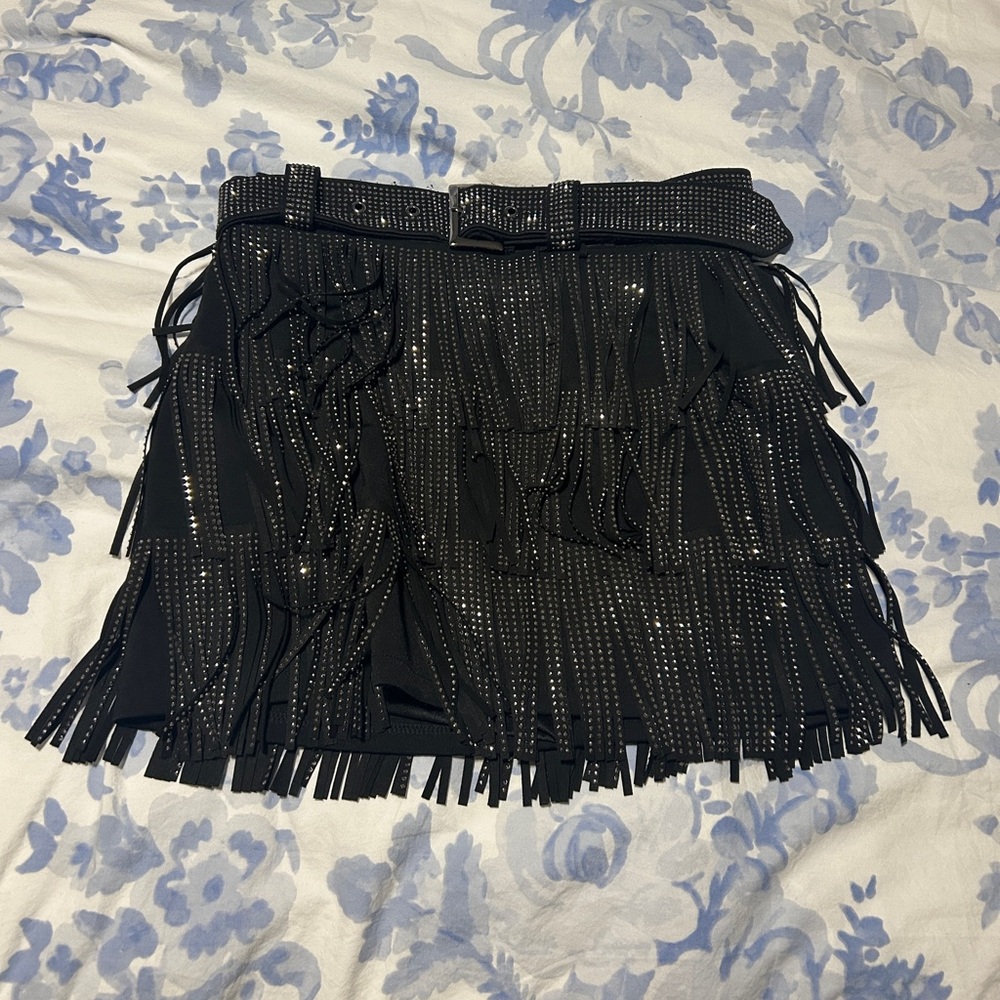 Nylon Apparel Rhinestone Fringe Belted Western Skirt